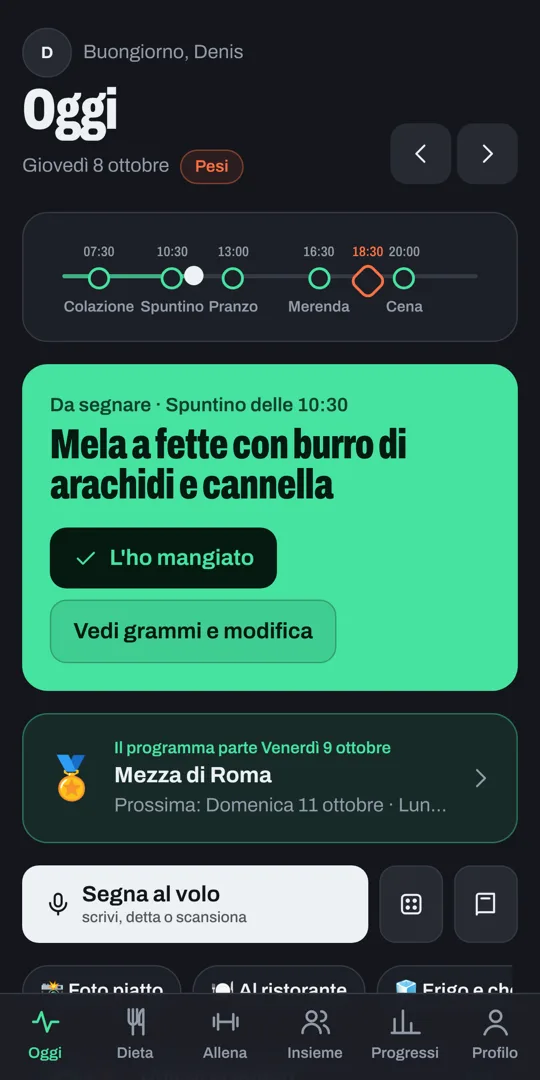 La schermata Oggi di SinergiaFit con il prossimo pasto e l'allenamento